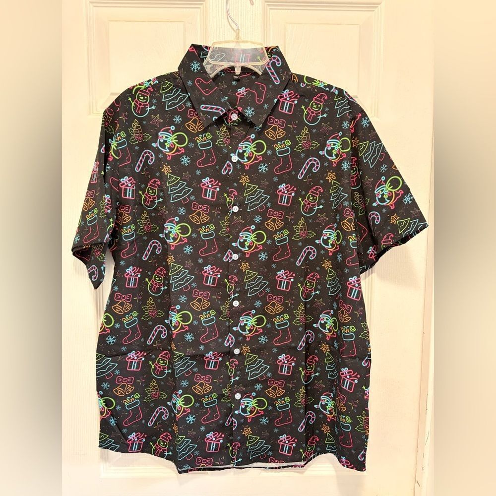 Aturmio Christmas Shirt for Men Short Sleeve Button Down Neon Hawaiian Shirt